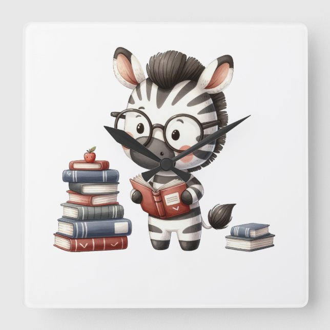 Zebra Reading Books. Square Wall Clock (Front)