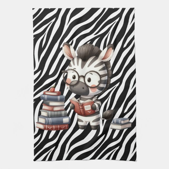 Zebra Reading Books. Tea Towel (Vertical)