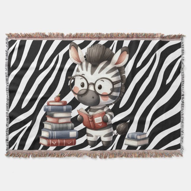 Zebra Reading Books. Throw Blanket (Front)
