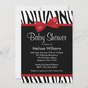 Zebra Red Printed Bow Baby Shower Invitation