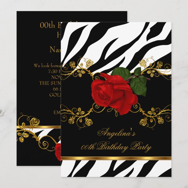 Zebra Red Roses Black White Gold Birthday Party Invitation (Front/Back)