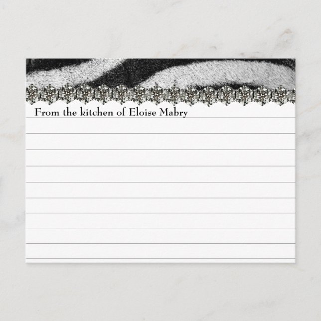 Zebra Rhinestone Look Personalised Recipe Cards (Front)