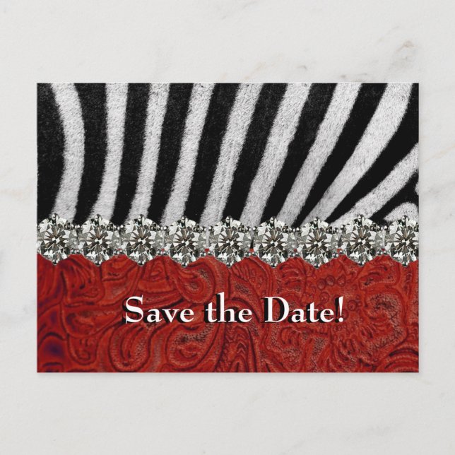Zebra Rhinestone Red Leather Save the Date Announcement Postcard (Front)