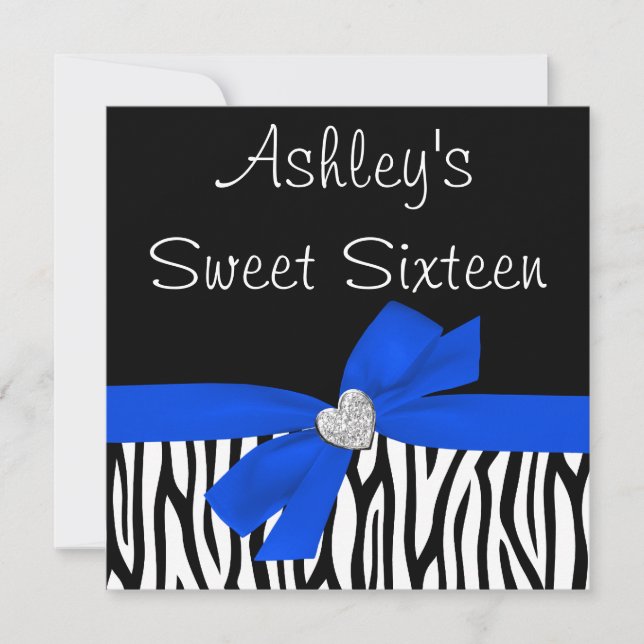 Zebra Royal Blue Bow Diamond Sweet 16 Invitations (Front)