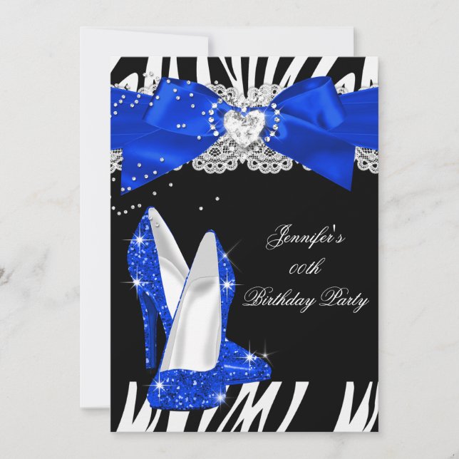 Zebra Royal Blue Glitter High Heel Shoe Birthday Invitation (Front)