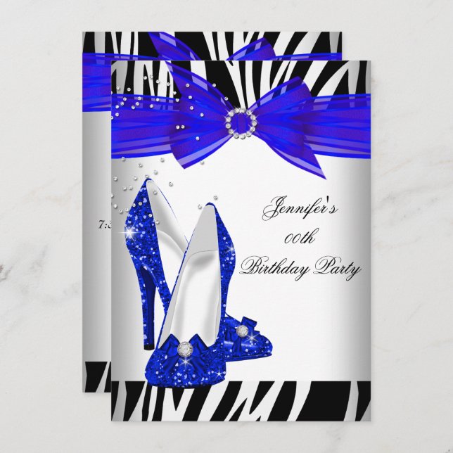 Zebra Royal Blue High Heel Black Birthday Party Invitation (Front/Back)