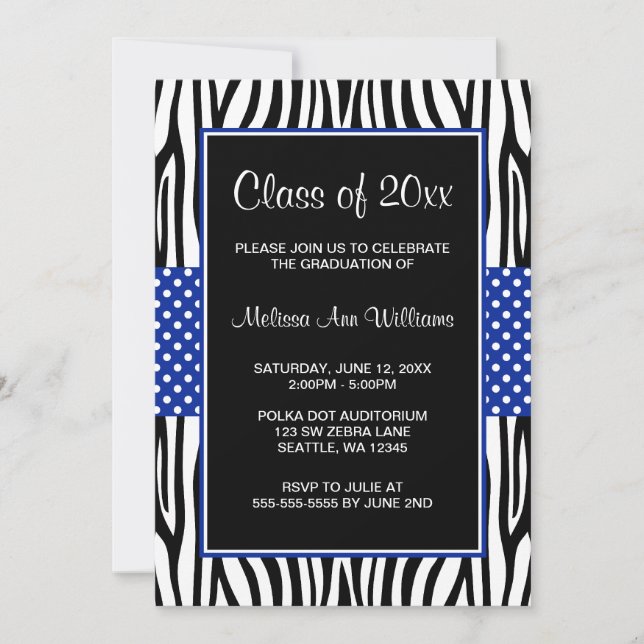 Zebra Royal Blue Polka Dot Graduation Announcement (Front)