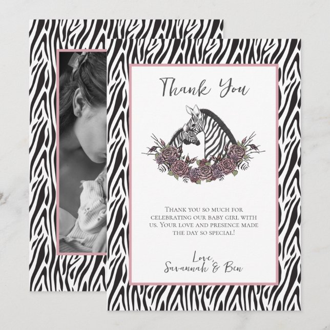 Zebra Safari Baby Shower Photo Thank You Card (Front/Back)