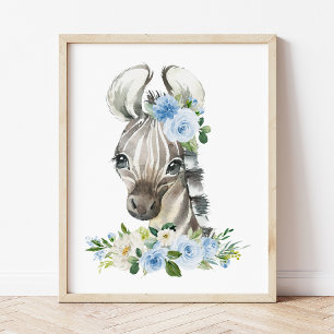Zebra, Safari, Jungle, Blue Flowers, Boy Nursery Photo Print