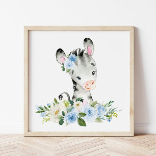 Zebra, Safari, Jungle, Blue Flowers, Boy Nursery Poster