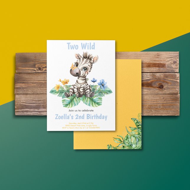 Zebra Safari jungle Party Invitation (Safari Jungle Watercolor Zebra Yellow Blue Flowers Greenery Birthday Invitation)