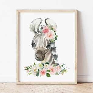 Zebra, Safari, Jungle, Pink Flowers, Girl Nursery Photo Print