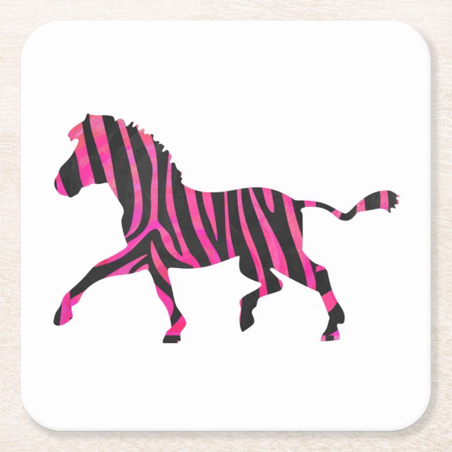 Zebra Silhouette Black and Hot Pink Print Square Paper Coaster (Front)