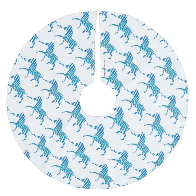 Zebra Silhouette Blue and White Brushed Polyester Tree Skirt (Front)