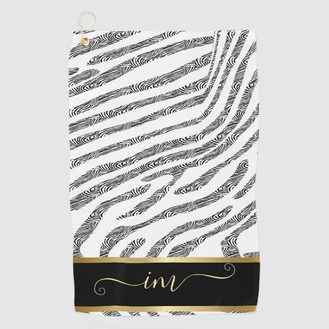 Zebra Skin Black And White Monogramed  Watercolor  Golf Towel (Front)