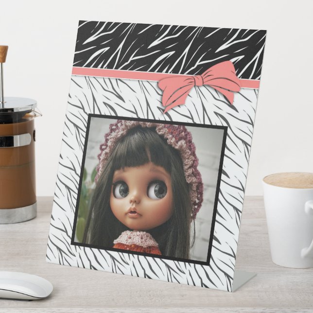 Zebra skin black white tiger leather stripes pink pedestal sign (In SItu)