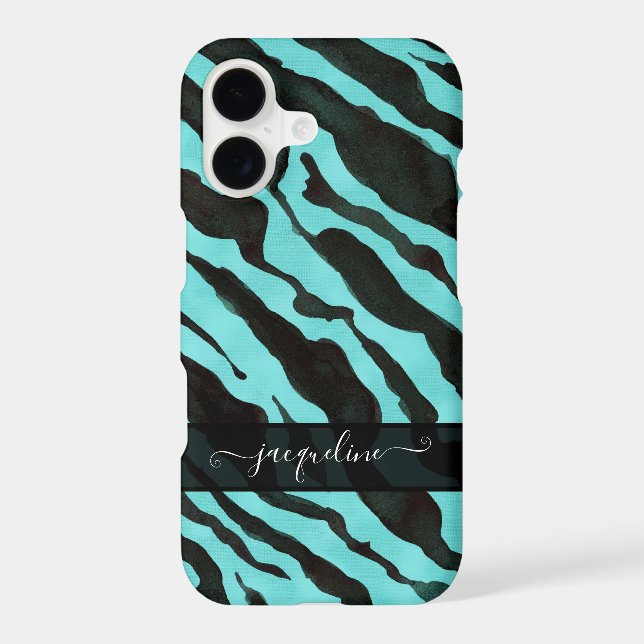 Zebra Skin Pattern Aqua Blue Black Chic Name (Back)