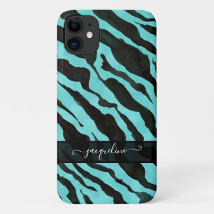 Zebra Skin Pattern Aqua Blue Black Chic Name iPhone 11 Case