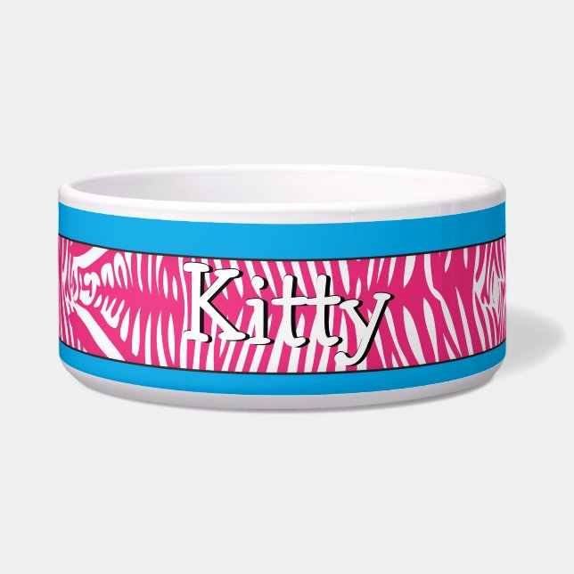 Zebra Skin Personalised Kitty Cat Bowl Aqua Trim (Front)