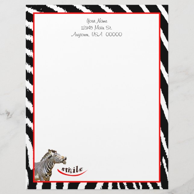 Zebra Smile Black/White/Red Stripes Custom Letterhead (Front)
