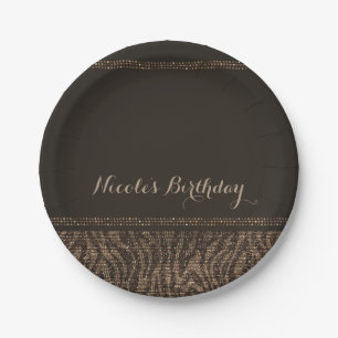 Zebra Sparkle Brown Gold Glam Chic Elegant Party Paper Plate