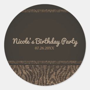 Zebra Sparkle Brown Gold Glam Party Favour Classic Round Sticker