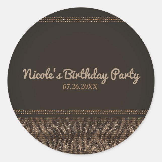 Zebra Sparkle Brown Gold Glam Party Favour Classic Round Sticker (Front)