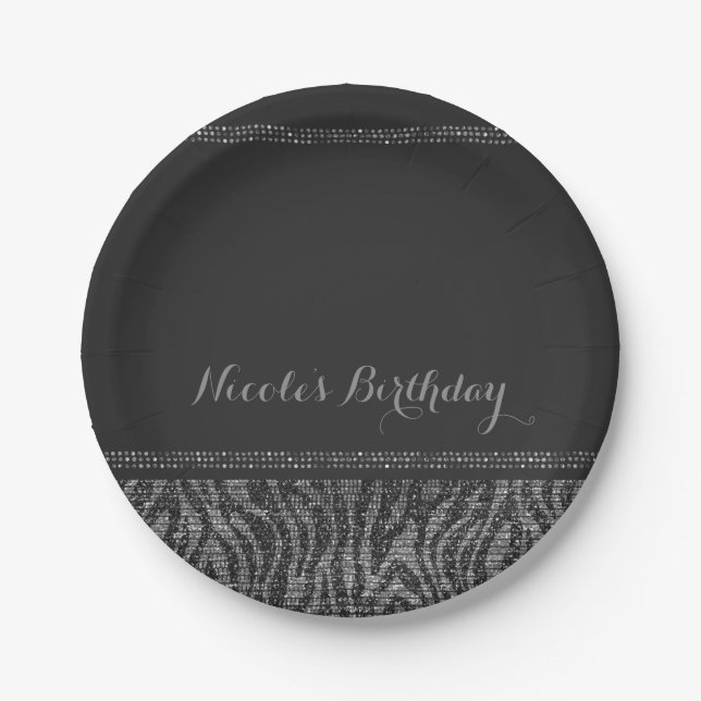 Zebra Sparkle Silver Black Glam Chic Elegant Party Paper Plate (Front)