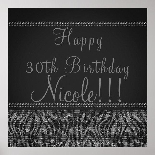 Zebra Sparkle Silver Black Glam Chic Party Banner Poster (Front)