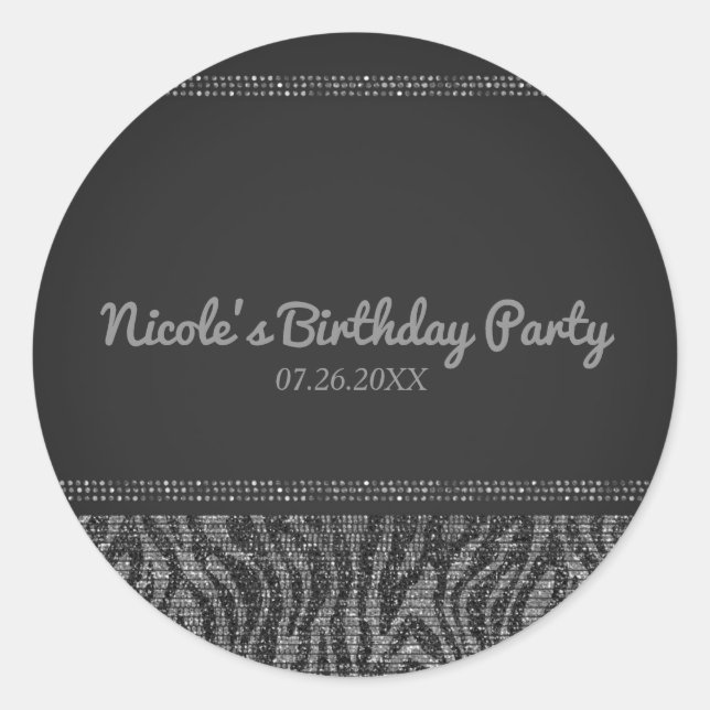 Zebra Sparkle Silver & Black Glam Party Favour Classic Round Sticker (Front)