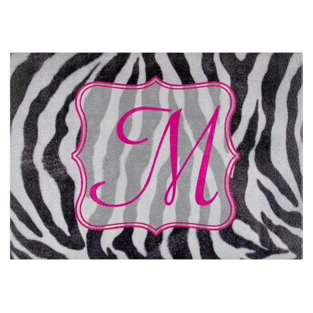 Zebra Stripe Animal Monogram Glass Cutting Board (Front)
