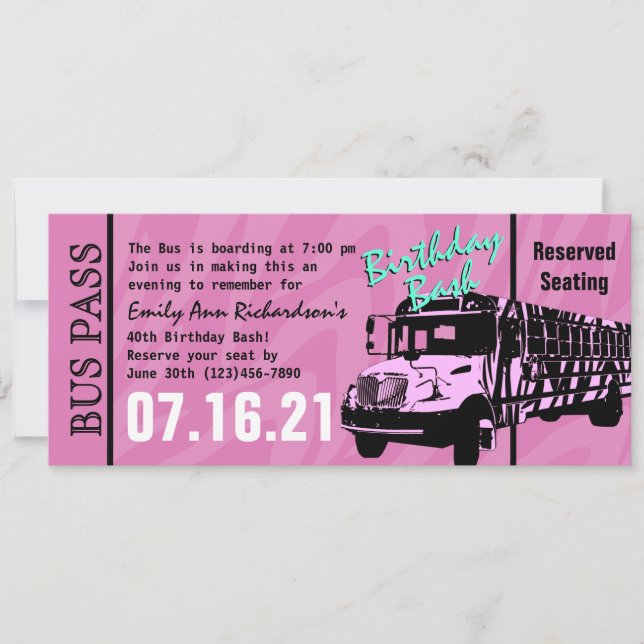 Zebra Stripe Bus Pass Birthday Party Invitation (Front)