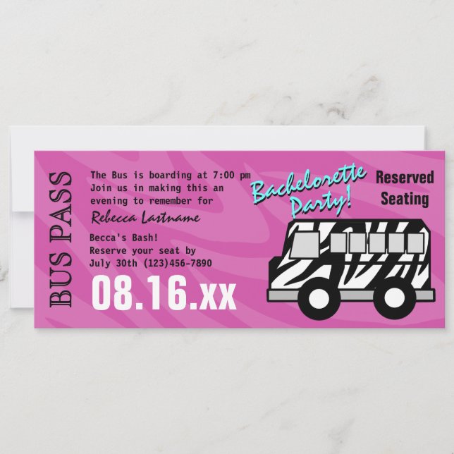 Zebra Stripe Bus Pass Hens Party Invitation (Front)