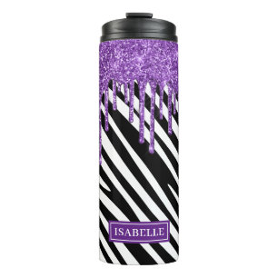 Zebra Stripe Pattern with Purple Glitter Drip Thermal Tumbler