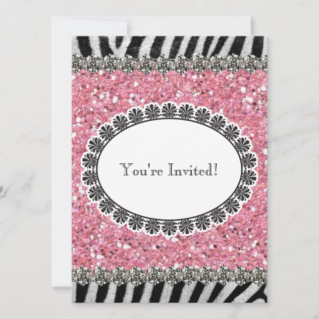 Zebra Stripe Pink Glitter Girl Birthday Invitation (Front)