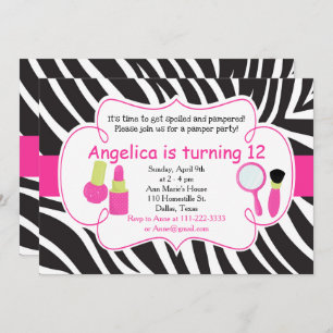 Zebra Striped Birthday Pamper Party Sleepover Invitation