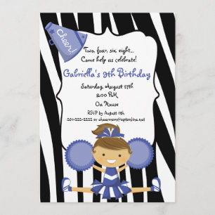 Zebra Striped Blue Cheerleader Birthday Invite