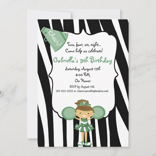 Zebra Striped Green Cheerleader Birthday Invite (Front)