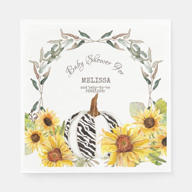 Zebra Striped White Pumpkin Sunflower Baby Shower Napkin (Front)