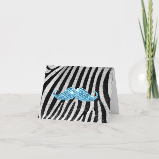 Zebra Stripes And Blue Bling Moustache Card (Front)