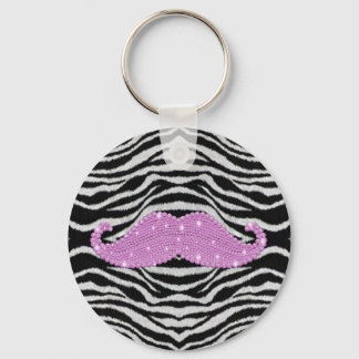 Zebra Stripes And Pink Bling Mustache Key Ring