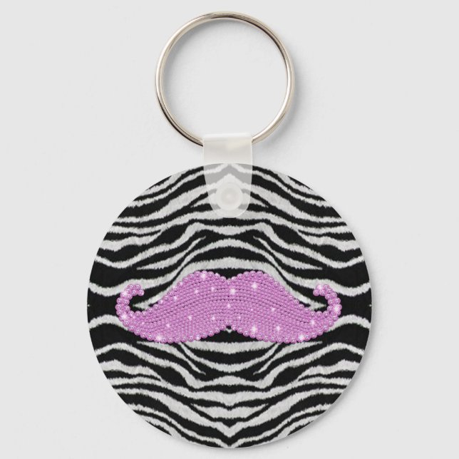 Zebra Stripes And Pink Bling Mustache Key Ring (Front)