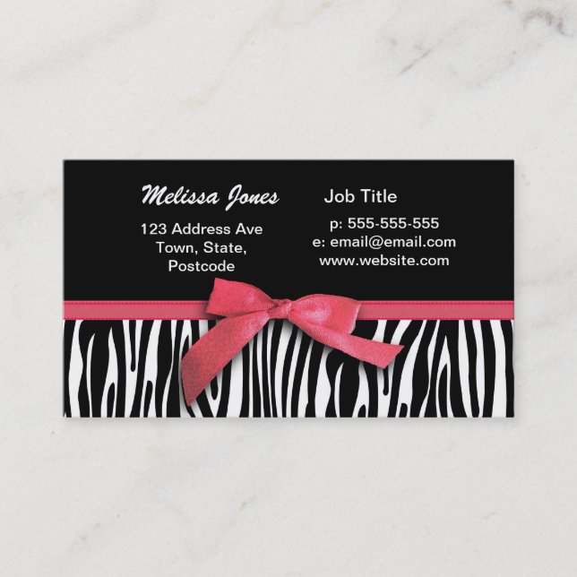 Zebra stripes and red ribbon graphic business card (Front)