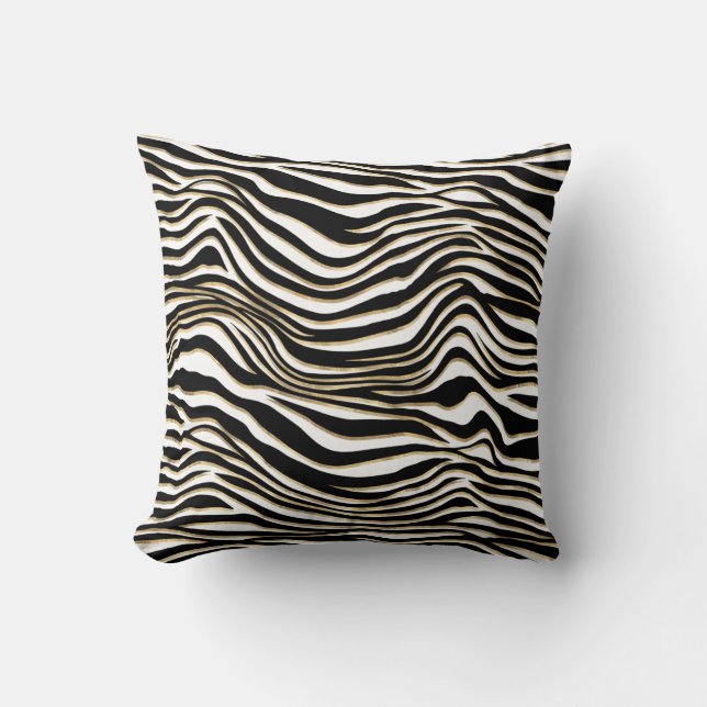 Zebra stripes animal print black gold edge white cushion (Front)