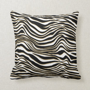 Zebra stripes animal print black gold edge white cushion
