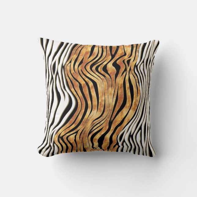 Zebra stripes animal print black gold orange white cushion (Front)