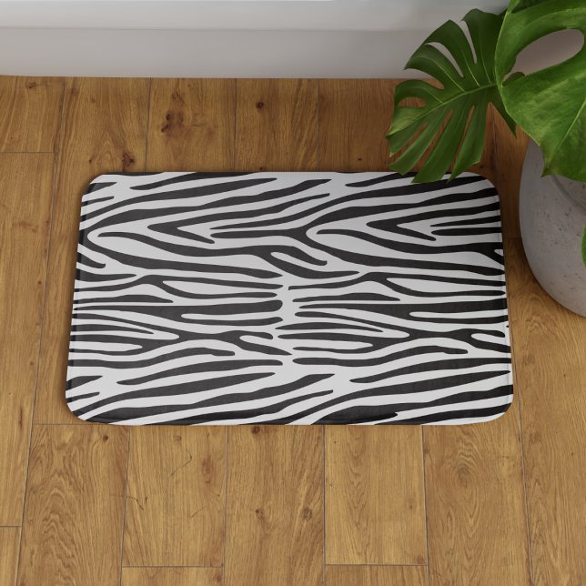 Zebra Stripes Animal Print Black White Bath Mat (Add some wild safari vibes to your bathroom floor with a sleek black and white zebra bath mat )