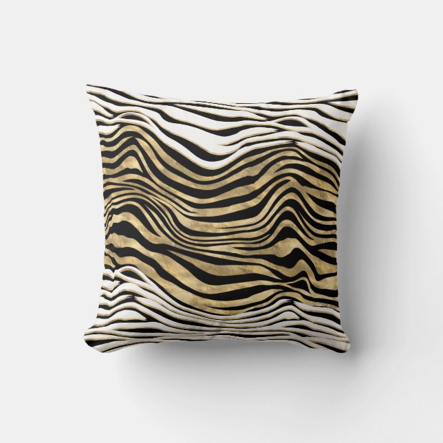 Zebra stripes animal print black white gold chic cushion (Front)