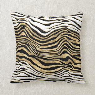 Zebra stripes animal print black white gold chic cushion