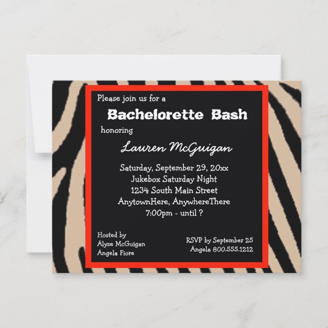 Zebra Stripes Bachelorette Party Invitation (Front)